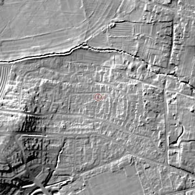 Shaded relief map of the ground around GL523DZ, computed from Environment Agency LiDAR. The ground here sits at about 66 m above sea level and falls 20 m across the surrounding 800 m. Surface water reaching this point runs off ground lying to the east, 4.9 m higher.