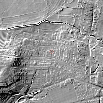 Shaded relief map of the ground around GL523ED, computed from Environment Agency LiDAR. The ground here sits at about 66 m above sea level and falls 20 m across the surrounding 800 m. Surface water reaching this point runs off ground lying to the east-south-east, 9.5 m higher.