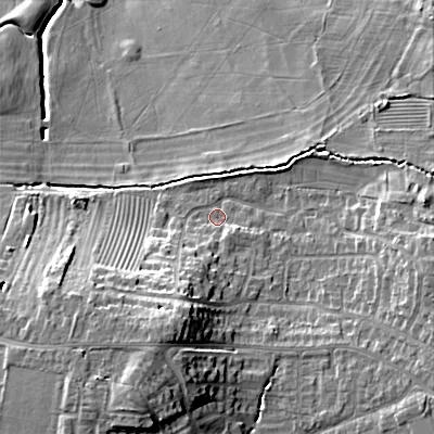 Shaded relief map of the ground around GL523EH, computed from Environment Agency LiDAR. The ground here sits at about 63 m above sea level and falls 22 m across the surrounding 800 m. Surface water reaching this point runs off ground lying to the south-south-west, 12.6 m higher.