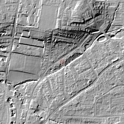 Shaded relief map of the ground around GL523HF, computed from Environment Agency LiDAR. The ground here sits at about 63 m above sea level and falls 22 m across the surrounding 800 m. Surface water reaching this point runs off ground lying to the north, 12.3 m higher.