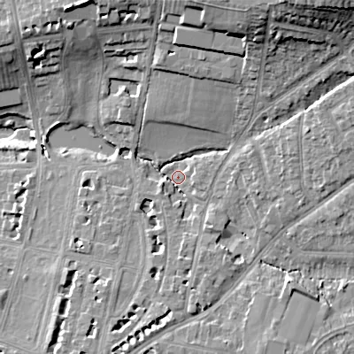 Shaded relief map of the ground around GL523HT, computed from Environment Agency LiDAR. The ground here sits at about 57 m above sea level and falls 24 m across the surrounding 800 m. Surface water reaching this point runs off ground lying to the north-north-east, 20.0 m higher.