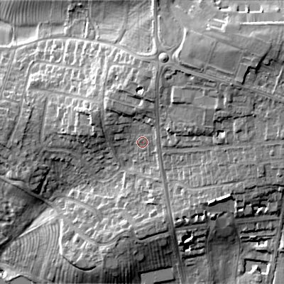 Shaded relief map of the ground around GL523JN, computed from Environment Agency LiDAR. The ground here sits at about 64 m above sea level and falls 25 m across the surrounding 800 m. Surface water reaching this point runs off ground lying to the north-north-east, 7.7 m higher.