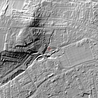 Shaded relief map of the ground around GL523LY, computed from Environment Agency LiDAR. The ground here sits at about 67 m above sea level and falls 16 m across the surrounding 800 m. Surface water reaching this point runs off ground lying to the west-north-west, 4.1 m higher.