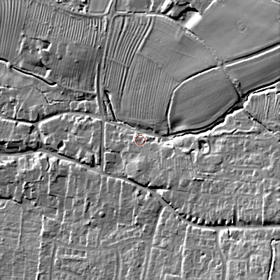 Shaded relief map of the ground around GL523NE, computed from Environment Agency LiDAR. The ground here sits at about 85 m above sea level and falls 27 m across the surrounding 800 m. Surface water reaching this point runs off ground lying to the east-north-east, 16.9 m higher.