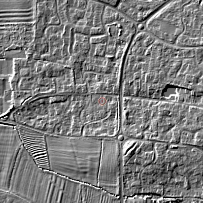 Shaded relief map of the ground around GL524RT, computed from Environment Agency LiDAR. The ground here sits at about 47 m above sea level and falls 12 m across the surrounding 800 m. Surface water reaching this point runs off ground lying to the east-south-east, 6.1 m higher.