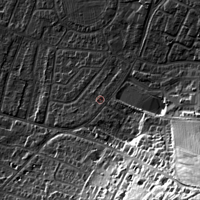 Shaded relief map of the ground around GL525AA, computed from Environment Agency LiDAR. The ground here sits at about 69 m above sea level and falls 60 m across the surrounding 800 m. Surface water reaching this point runs off ground lying to the south-south-west, 1.1 m higher.