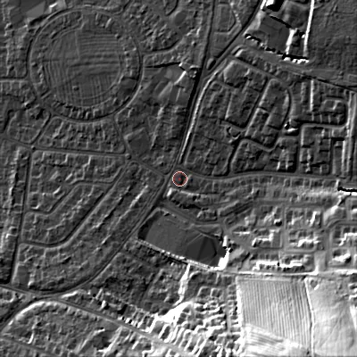 Shaded relief map of the ground around GL525AL, computed from Environment Agency LiDAR. The ground here sits at about 69 m above sea level and falls 46 m across the surrounding 800 m. Surface water reaching this point runs off ground lying to the south-east, 40.2 m higher.