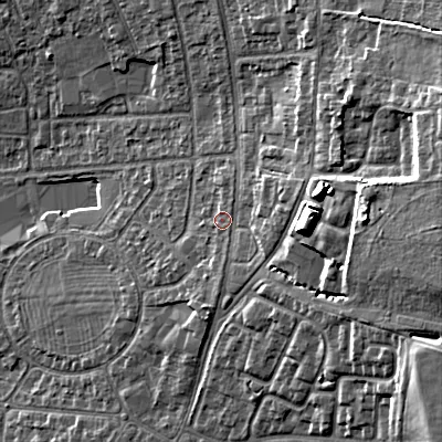Shaded relief map of the ground around GL525AP, computed from Environment Agency LiDAR. The ground here sits at about 70 m above sea level and falls 20 m across the surrounding 800 m. Surface water reaching this point runs off ground lying to the east-north-east, 4.5 m higher.
