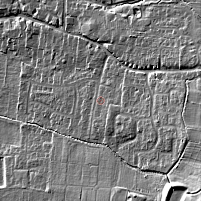Shaded relief map of the ground around GL525BD, computed from Environment Agency LiDAR. The ground here sits at about 88 m above sea level and falls 31 m across the surrounding 800 m. Surface water reaching this point runs off ground lying to the east-south-east, 11.4 m higher.