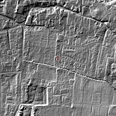 Shaded relief map of the ground around GL525BS, computed from Environment Agency LiDAR. The ground here sits at about 80 m above sea level and falls 26 m across the surrounding 800 m. Surface water reaching this point runs off ground lying to the east, 4.9 m higher.