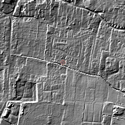 Shaded relief map of the ground around GL525BX, computed from Environment Agency LiDAR. The ground here sits at about 82 m above sea level and falls 27 m across the surrounding 800 m. Surface water reaching this point runs off ground lying to the south-east, 17.8 m higher.
