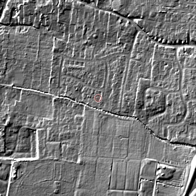 Shaded relief map of the ground around GL525BY, computed from Environment Agency LiDAR. The ground here sits at about 85 m above sea level and falls 29 m across the surrounding 800 m. Surface water reaching this point runs off ground lying to the east-south-east, 2.6 m higher.