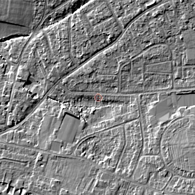 Shaded relief map of the ground around GL525DN, computed from Environment Agency LiDAR. The ground here sits at about 60 m above sea level and falls 14 m across the surrounding 800 m. Surface water reaching this point runs off ground lying to the north-east, 8.7 m higher.