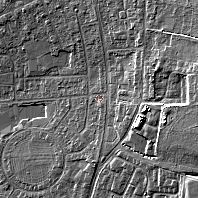 Shaded relief map of the ground around GL525EY, computed from Environment Agency LiDAR. The ground here sits at about 70 m above sea level and falls 20 m across the surrounding 800 m. Surface water reaching this point runs off ground lying to the east, 13.3 m higher.