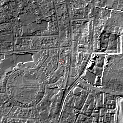 Shaded relief map of the ground around GL525EZ, computed from Environment Agency LiDAR. The ground here sits at about 70 m above sea level and falls 20 m across the surrounding 800 m. Surface water reaching this point runs off ground lying to the east, 5.1 m higher.