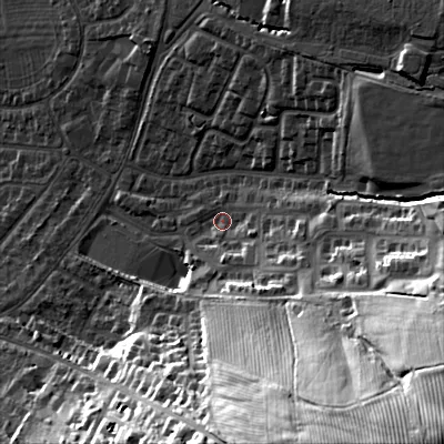 Shaded relief map of the ground around GL525GA, computed from Environment Agency LiDAR. The ground here sits at about 71 m above sea level and falls 56 m across the surrounding 800 m. Surface water reaching this point runs off ground lying to the south-east, 26.6 m higher.