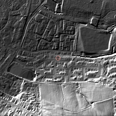 Shaded relief map of the ground around GL525GD, computed from Environment Agency LiDAR. The ground here sits at about 73 m above sea level and falls 58 m across the surrounding 800 m. Surface water reaching this point runs off ground lying to the south-east, 46.7 m higher.