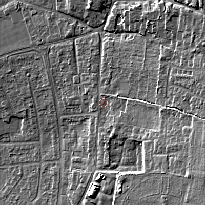 Shaded relief map of the ground around GL525JB, computed from Environment Agency LiDAR. The ground here sits at about 75 m above sea level and falls 22 m across the surrounding 800 m. Surface water reaching this point runs off ground lying to the east-south-east, 12.4 m higher.