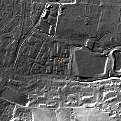 Shaded relief map of the ground around GL525LA, computed from Environment Agency LiDAR. The ground here sits at about 75 m above sea level and falls 44 m across the surrounding 800 m. Surface water reaching this point runs off ground lying to the east-north-east, 15.2 m higher.