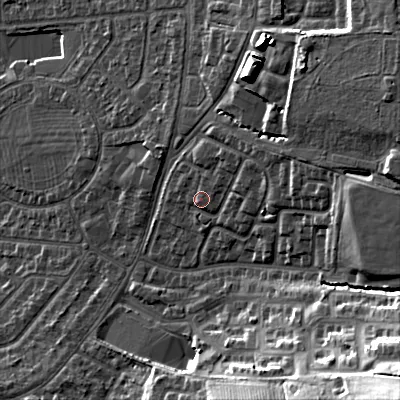 Shaded relief map of the ground around GL525LG, computed from Environment Agency LiDAR. The ground here sits at about 72 m above sea level and falls 36 m across the surrounding 800 m. Surface water reaching this point runs off ground lying to the east-north-east, 5.0 m higher.
