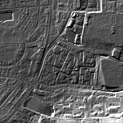 Shaded relief map of the ground around GL525LJ, computed from Environment Agency LiDAR. The ground here sits at about 72 m above sea level and falls 36 m across the surrounding 800 m. Surface water reaching this point runs off ground lying to the east-north-east, 3.8 m higher.
