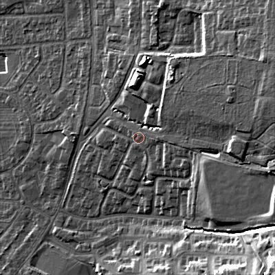 Shaded relief map of the ground around GL525LQ, computed from Environment Agency LiDAR. The ground here sits at about 75 m above sea level and falls 31 m across the surrounding 800 m. Surface water reaching this point runs off ground lying to the east-north-east, 13.0 m higher.