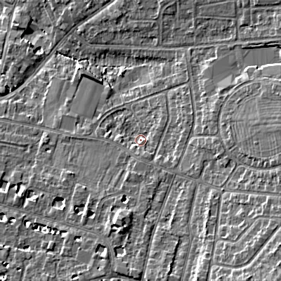 Shaded relief map of the ground around GL525ND, computed from Environment Agency LiDAR. The ground here sits at about 61 m above sea level and falls 13 m across the surrounding 800 m. Surface water reaching this point runs off ground lying to the east, 6.8 m higher.