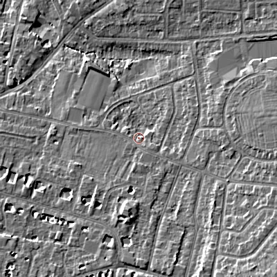 Shaded relief map of the ground around GL525NF, computed from Environment Agency LiDAR. The ground here sits at about 62 m above sea level and falls 13 m across the surrounding 800 m. Surface water reaching this point runs off ground lying to the south-east, 7.4 m higher.