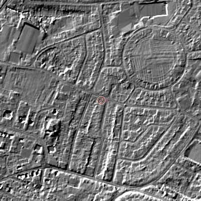 Shaded relief map of the ground around GL525NL, computed from Environment Agency LiDAR. The ground here sits at about 63 m above sea level and falls 17 m across the surrounding 800 m. Surface water reaching this point runs off ground lying to the south-east, 10.8 m higher.