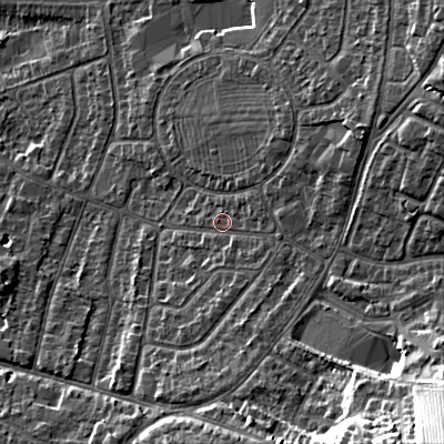 Shaded relief map of the ground around GL525NS, computed from Environment Agency LiDAR. The ground here sits at about 66 m above sea level and falls 30 m across the surrounding 800 m. Surface water reaching this point runs off ground lying to the south-east, 23.0 m higher.