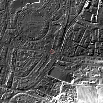 Shaded relief map of the ground around GL525NT, computed from Environment Agency LiDAR. The ground here sits at about 68 m above sea level and falls 39 m across the surrounding 800 m. Surface water reaching this point runs off ground lying to the south-east, 32.7 m higher.