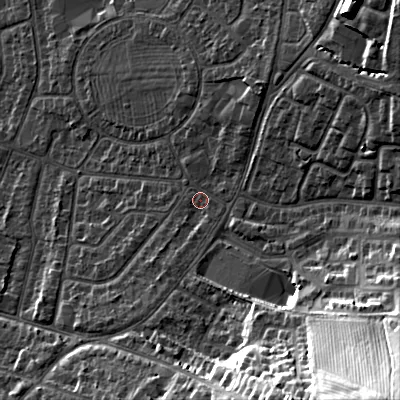 Shaded relief map of the ground around GL525NU, computed from Environment Agency LiDAR. The ground here sits at about 68 m above sea level and falls 42 m across the surrounding 800 m. Surface water reaching this point runs off ground lying to the south-east, 36.0 m higher.