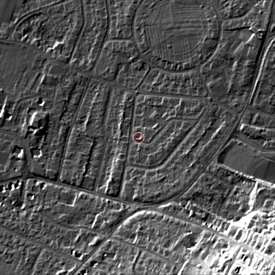 Shaded relief map of the ground around GL525NY, computed from Environment Agency LiDAR. The ground here sits at about 66 m above sea level and falls 38 m across the surrounding 800 m. Surface water reaching this point runs off ground lying to the south-south-east, 6.4 m higher.