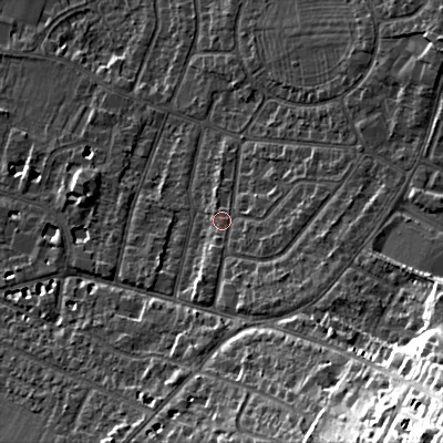 Shaded relief map of the ground around GL525NZ, computed from Environment Agency LiDAR. The ground here sits at about 66 m above sea level and falls 39 m across the surrounding 800 m. Surface water reaching this point runs off ground lying to the south-east, 6.0 m higher.