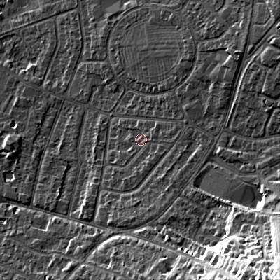 Shaded relief map of the ground around GL525PB, computed from Environment Agency LiDAR. The ground here sits at about 66 m above sea level and falls 36 m across the surrounding 800 m. Surface water reaching this point runs off ground lying to the south, 4.1 m higher.