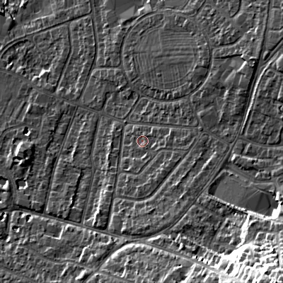 Shaded relief map of the ground around GL525PD, computed from Environment Agency LiDAR. The ground here sits at about 65 m above sea level and falls 34 m across the surrounding 800 m. Surface water reaching this point runs off ground lying to the south-south-east, 5.0 m higher.