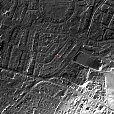 Shaded relief map of the ground around GL525PF, computed from Environment Agency LiDAR. The ground here sits at about 68 m above sea level and falls 53 m across the surrounding 800 m. Surface water reaching this point runs off ground lying to the south, 2.8 m higher.