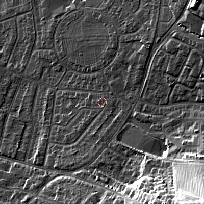 Shaded relief map of the ground around GL525PG, computed from Environment Agency LiDAR. The ground here sits at about 67 m above sea level and falls 41 m across the surrounding 800 m. Surface water reaching this point runs off ground lying to the south-east, 33.2 m higher.
