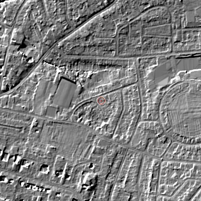 Shaded relief map of the ground around GL525PP, computed from Environment Agency LiDAR. The ground here sits at about 61 m above sea level and falls 12 m across the surrounding 800 m. Surface water reaching this point runs off ground lying to the east, 6.5 m higher.