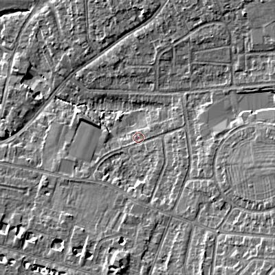 Shaded relief map of the ground around GL525PR, computed from Environment Agency LiDAR. The ground here sits at about 60 m above sea level and falls 11 m across the surrounding 800 m. Surface water reaching this point runs off ground lying to the east-south-east, 6.4 m higher.