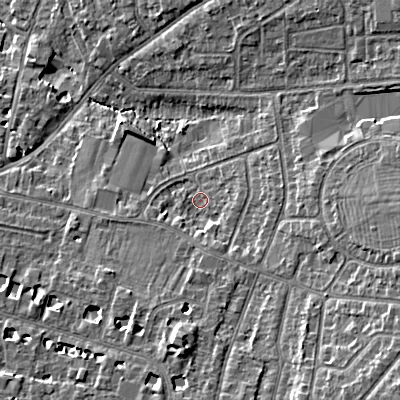 Shaded relief map of the ground around GL525PS, computed from Environment Agency LiDAR. The ground here sits at about 61 m above sea level and falls 14 m across the surrounding 800 m. Surface water reaching this point runs off ground lying to the east-south-east, 6.7 m higher.