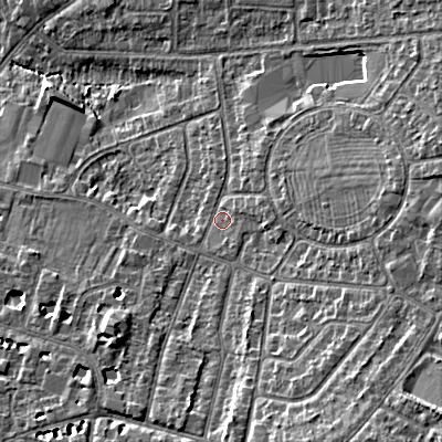 Shaded relief map of the ground around GL525QA, computed from Environment Agency LiDAR. The ground here sits at about 63 m above sea level and falls 14 m across the surrounding 800 m. Surface water reaching this point runs off ground lying to the east, 7.0 m higher.