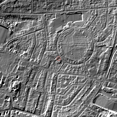Shaded relief map of the ground around GL525QD, computed from Environment Agency LiDAR. The ground here sits at about 65 m above sea level and falls 18 m across the surrounding 800 m. Surface water reaching this point runs off ground lying to the east-north-east, 7.0 m higher.