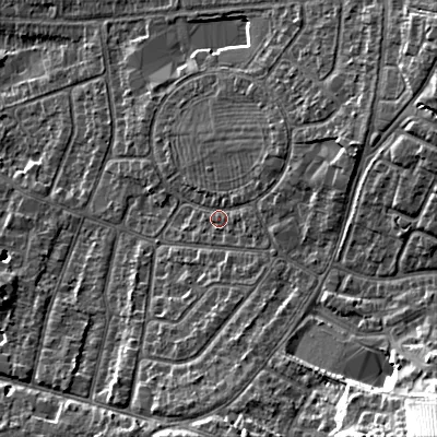 Shaded relief map of the ground around GL525QF, computed from Environment Agency LiDAR. The ground here sits at about 66 m above sea level and falls 27 m across the surrounding 800 m. Surface water reaching this point runs off ground lying to the east-north-east, 9.0 m higher.