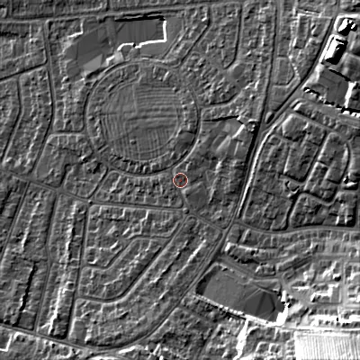 Shaded relief map of the ground around GL525QG, computed from Environment Agency LiDAR. The ground here sits at about 67 m above sea level and falls 28 m across the surrounding 800 m. Surface water reaching this point runs off ground lying to the north-east, 15.6 m higher.