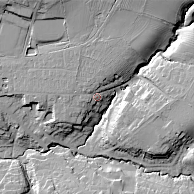 Shaded relief map of the ground around GL526LT, computed from Environment Agency LiDAR. The ground here sits at about 90 m above sea level and falls 31 m across the surrounding 800 m. Surface water reaching this point runs off ground lying to the north-north-east, 14.4 m higher.