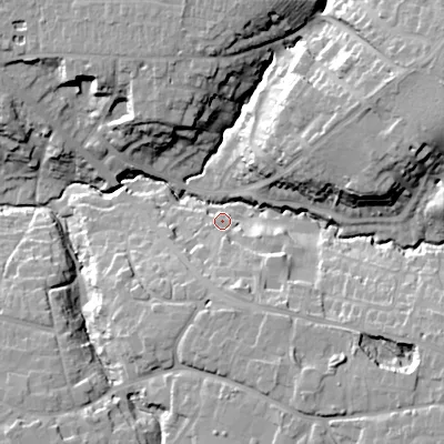 Shaded relief map of the ground around GL526NW, computed from Environment Agency LiDAR. The ground here sits at about 80 m above sea level and falls 28 m across the surrounding 800 m. Surface water reaching this point runs off ground lying to the south-south-east, 9.8 m higher.