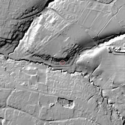 Shaded relief map of the ground around GL526YB, computed from Environment Agency LiDAR. The ground here sits at about 84 m above sea level and falls 36 m across the surrounding 800 m. Surface water reaching this point runs off ground lying to the north-north-east, 16.4 m higher.