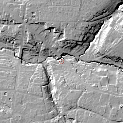 Shaded relief map of the ground around GL526YG, computed from Environment Agency LiDAR. The ground here sits at about 79 m above sea level and falls 26 m across the surrounding 800 m. Surface water reaching this point runs off ground lying to the east-north-east, 22.6 m higher.
