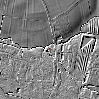 Shaded relief map of the ground around GL527AB, computed from Environment Agency LiDAR. The ground here sits at about 44 m above sea level and falls 15 m across the surrounding 800 m. Surface water reaching this point runs off ground lying to the south-east, 9.8 m higher.